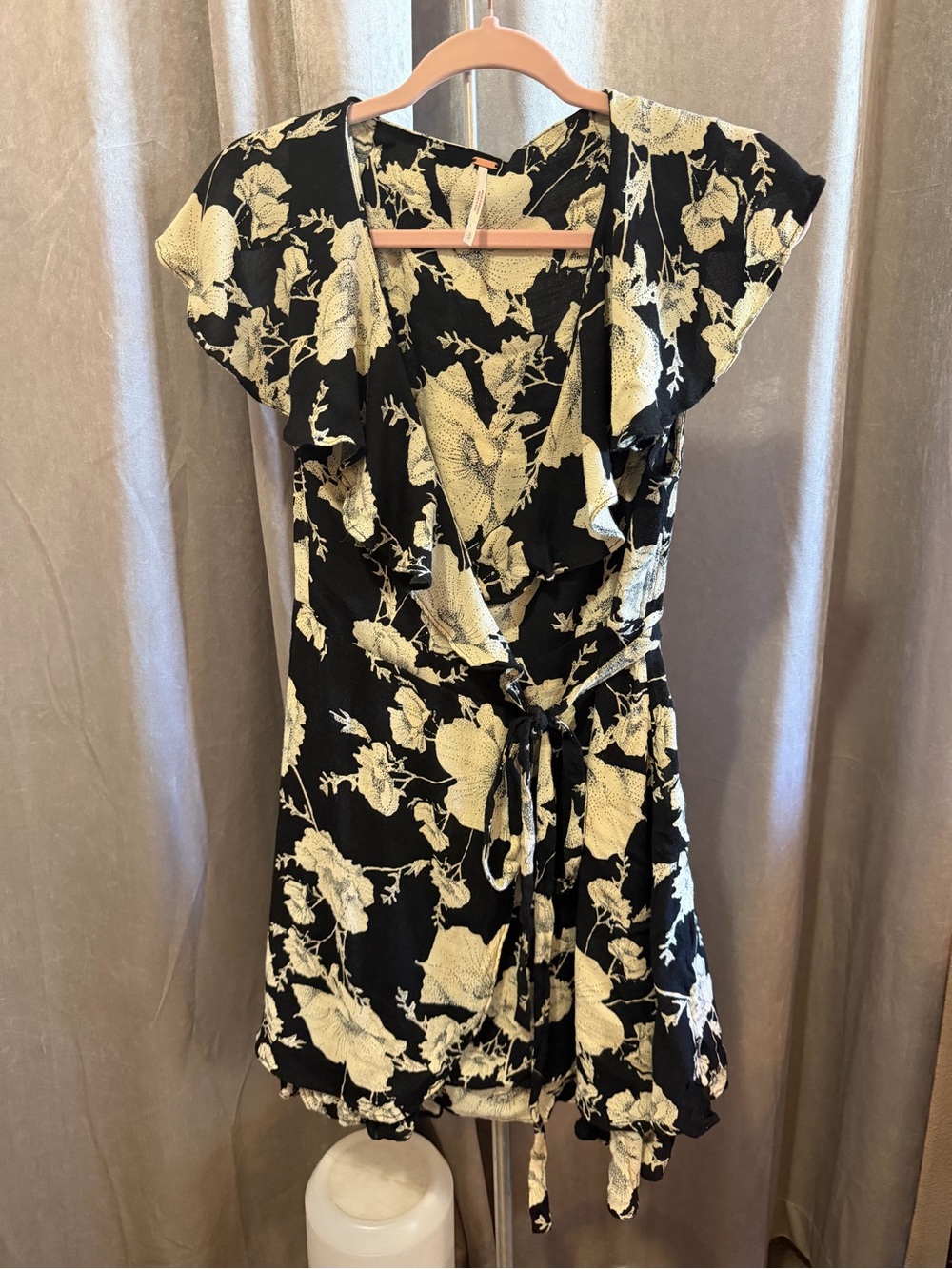 Free People Black and Cream Floral Wrap Dress